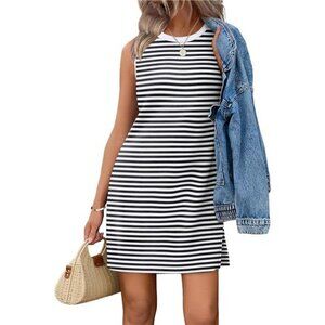 Black & White Striped Tank Dress – Sleeveless Crewneck Casual Summer Dress
